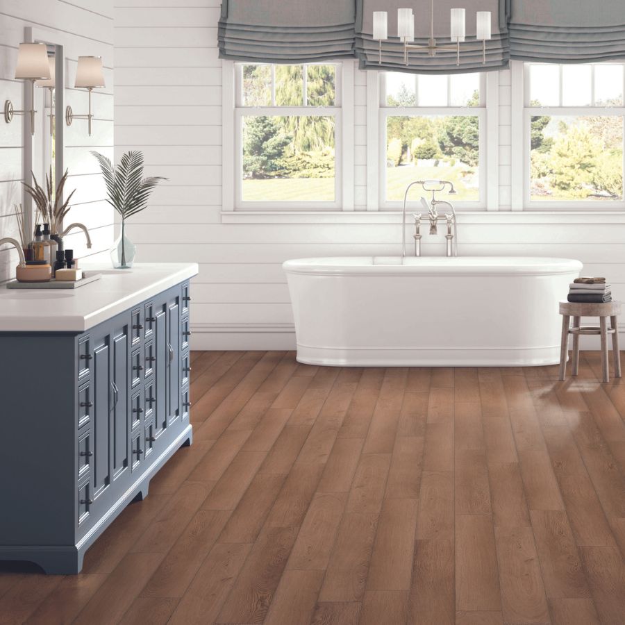 thin LVP floors in a bright bathroom